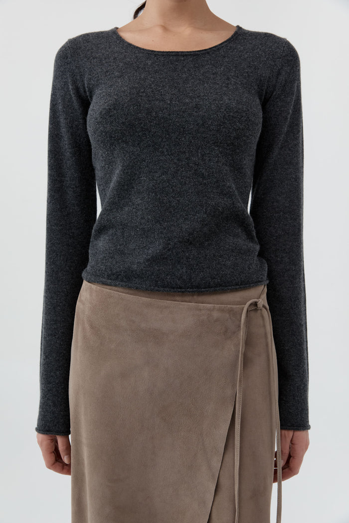Fine Merino Wool Long Sleeve Top - Charcoal Melange