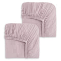 Two mauve-colored HALO Fitted Crib Sheets, 100% Organic Cotton Muslin (2 Pack), are folded with elastic edges visible on a white background. The soft, textured fabric suggests comfort and a gently crinkled appearance.
