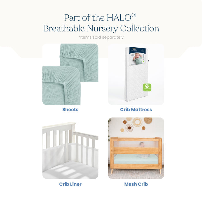 Image shows four nursery items: HALO Fitted Crib Sheets 100% Organic Cotton Muslin (2 pack) in mint green, a crib mattress with packaging, a white crib with a breathable liner, and a wooden mesh crib from the HALO Breathable Nursery Collection.