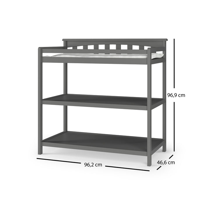 The Child Craft Flat Top Baby Changing Table in Cool Gray features baby-safe finishes, two storage shelves, a top railing, and measures 96.2 cm W x 46.6 cm D x 96.9 cm H.