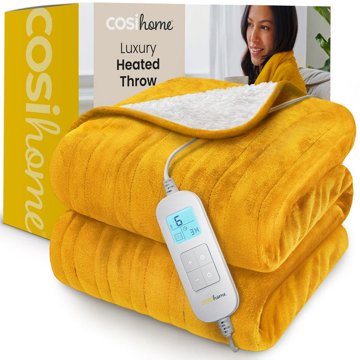 Fleece & Sherpa Electric Heated Throw - Mustard