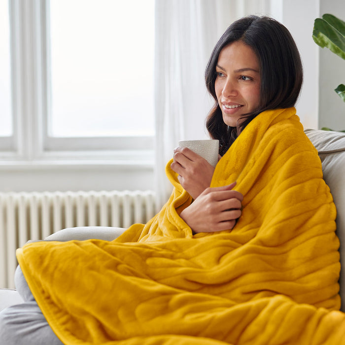 Fleece & Sherpa Electric Heated Throw - Mustard