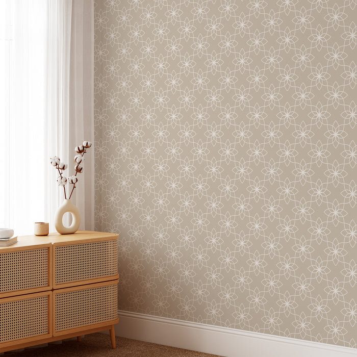 Floral Tile Wallpaper in Tan shown in a walkway.
