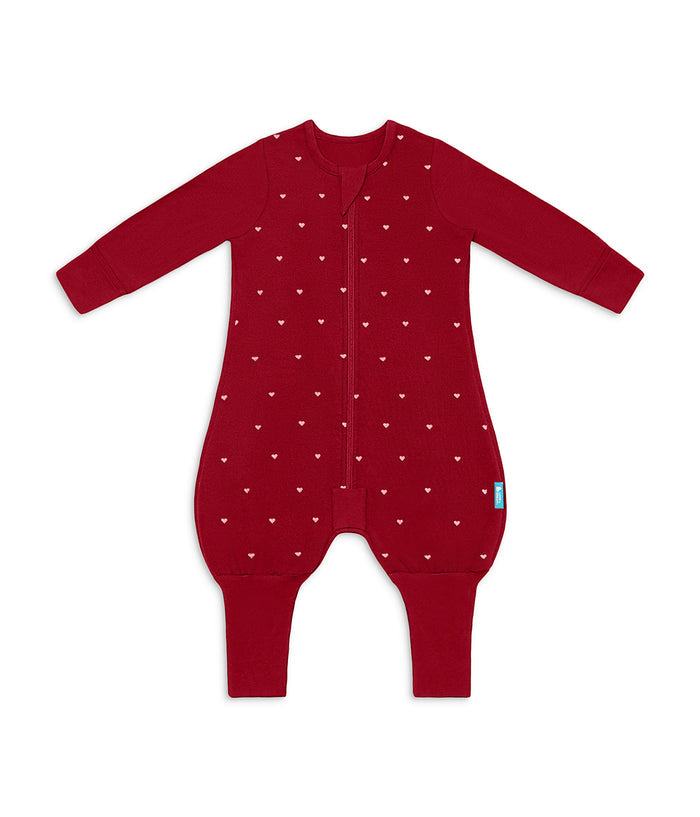 Footed Sleep Bag Long Sleeve 1.5 TOG Cotton Fleece Maroon Hearts Embroidery