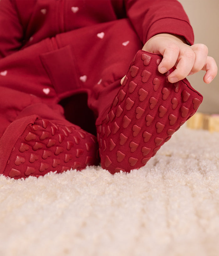 Footed Sleep Bag Long Sleeve 1.5 TOG Cotton Fleece Maroon Hearts Embroidery