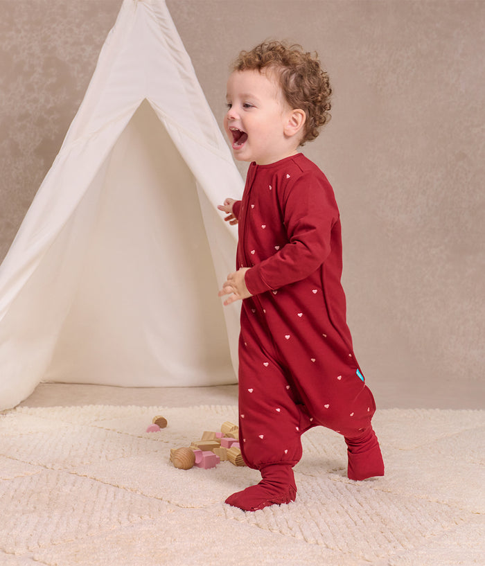 Footed Sleep Bag Long Sleeve 1.5 TOG Cotton Fleece Maroon Hearts Embroidery
