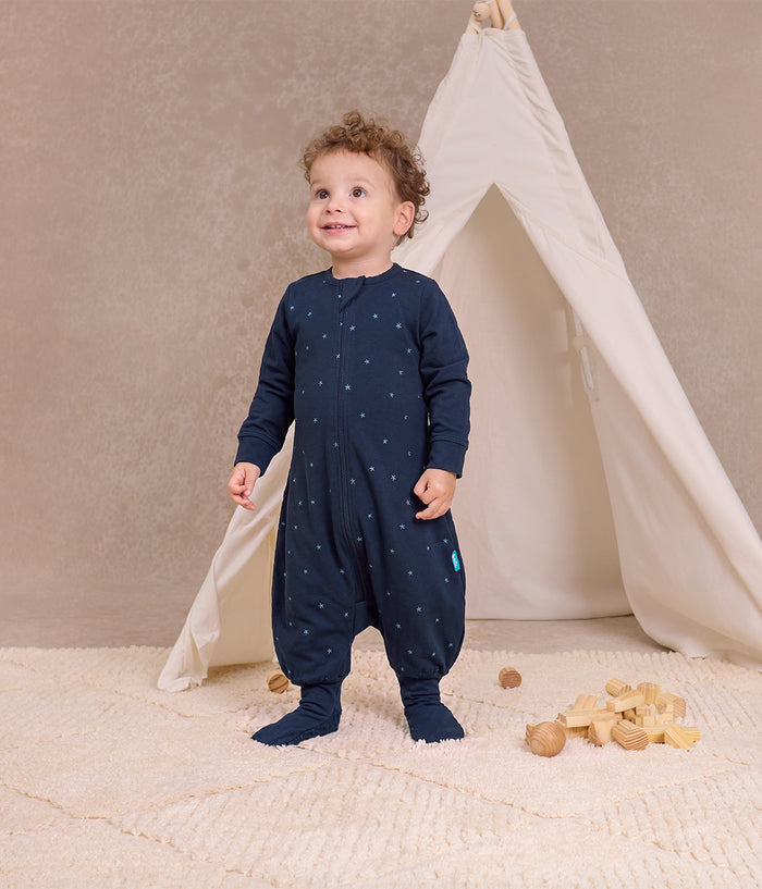 Footed Sleep Bag Long Sleeve 1.5 TOG Cotton Fleece Navy Twinkle Embroidery