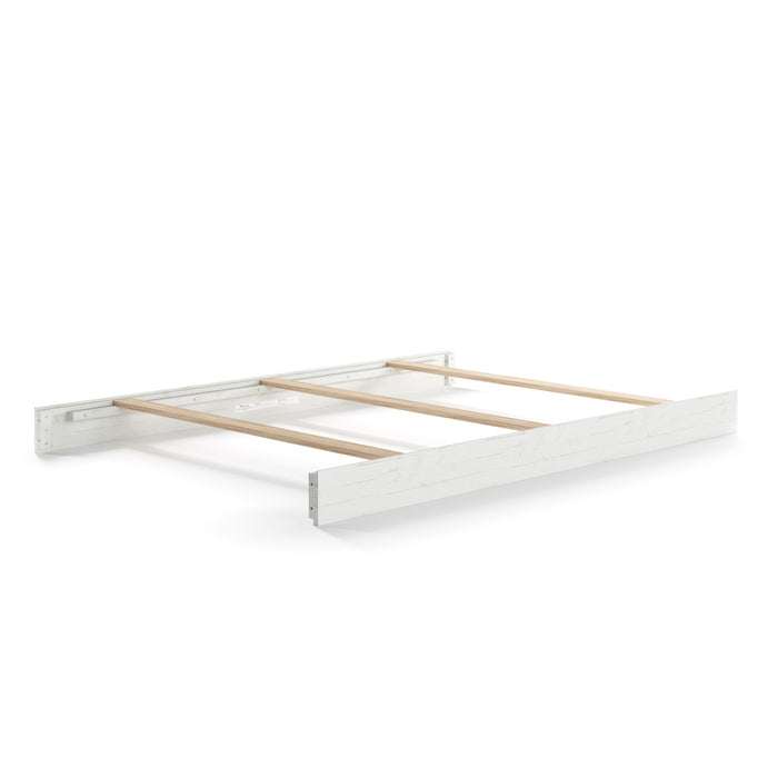 The Child Craft Full-Size Bed Rails in White/Brown are low-profile wooden rails with horizontal slats, shown without a headboard or mattress, on a plain white background.