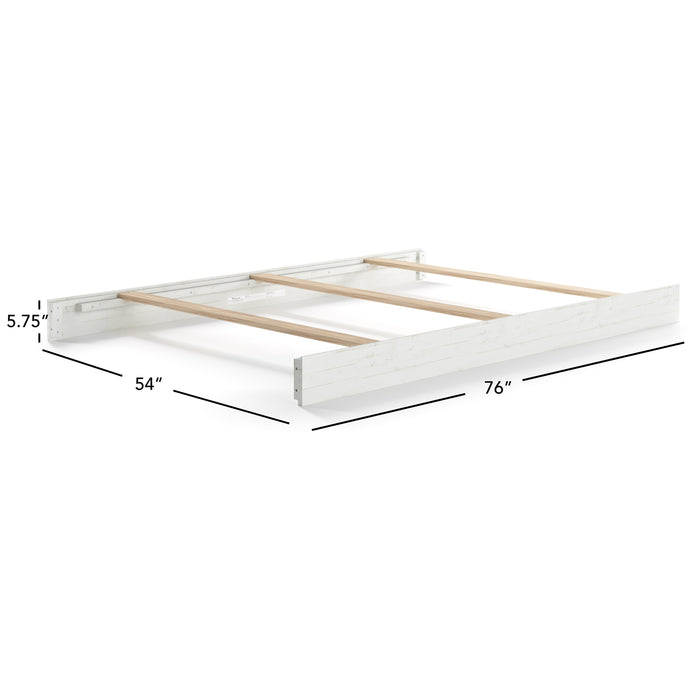 The Child Craft Full-Size Bed Rails in White/Gray feature sturdy wood construction with three horizontal slats, measuring 54" W x 76" L x 5.75" H, and are shown on a white background with dimension lines.