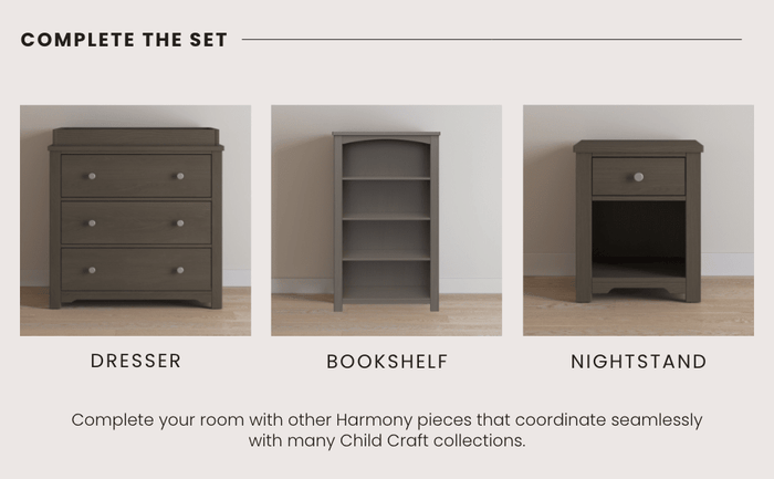The Geo Table and Stools Set by Child Craft in Dapper Gray is featured, with text labeling each piece and suggesting completing your child's room with the full matching set.