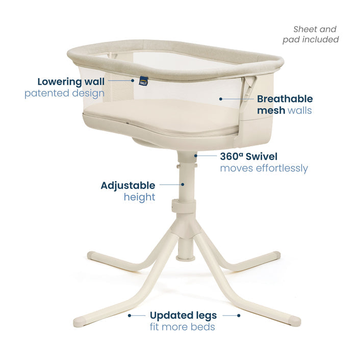 The HALO® BassiNest® Swivel Sleeper 4.0 Signature by HALO is a 360° swivel bassinet and bedside sleeper with breathable mesh, adjustable height, patented lowering wall, updated legs for more bed fit, and includes sheet and pad. Text highlights each feature.