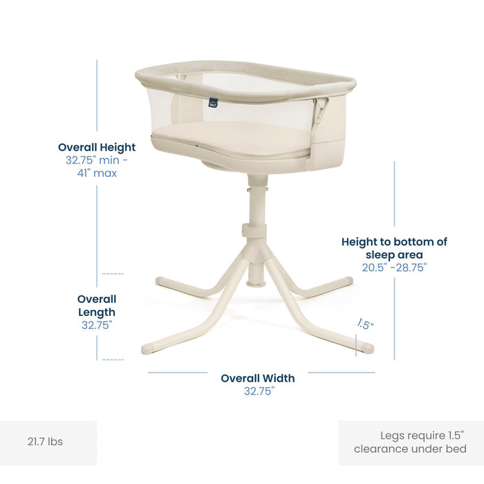 The HALO® BassiNest® Swivel Sleeper 4.0 Signature by HALO is a beige baby bassinet on a four-legged stand, with labeled measurements: 32.75" width/length, adjustable height from 32.75–41", and a 1.5" leg clearance.