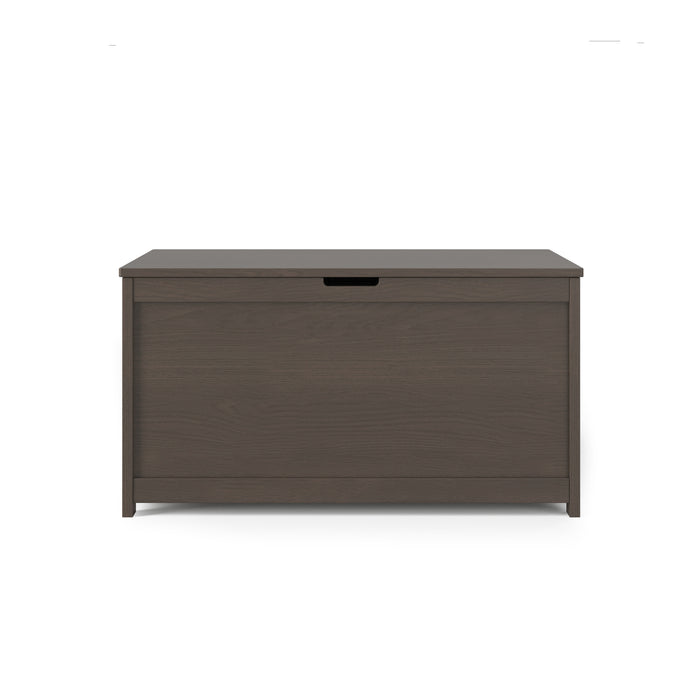 The Child Craft Harmony 33" Kids Toy Box in Dapper Gray features a flat lid and a small handle cutout on the front, shown against a plain white background.