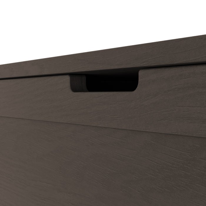 Close-up view of the Child Craft Harmony 33" Kids Toy Box in Dapper Gray, featuring a recessed handle, set against a white background.