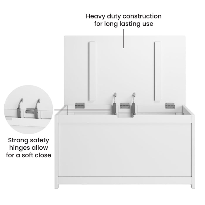 The Child Craft Harmony 33" Kids Toy Box in matte white features heavy-duty construction for durability, a hinged lid with strong safety hinges for a soft close, and includes an inset highlighting the hinge details.