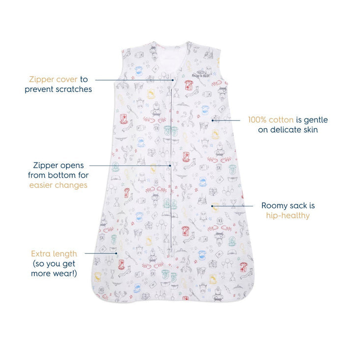 This HALO Harry Potter™ Wearable Blanket 100% Cotton TOG 0.5 offers colorful zoo-themed illustrations, a zipper cover, bottom-opening zipper, extra length, and a roomy design for hip-healthy comfort. Text highlights these benefits.
