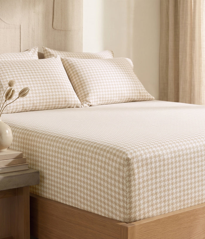 HushDry™ 2-in-1 Waterproof Fitted King Sheet Viscose from Bamboo Tan Houndstooth