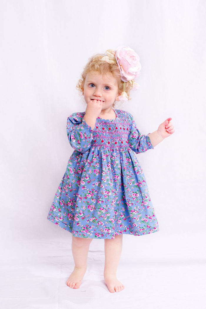 Jacaranda Kids L/S Emma Smocked Dress in Blue Floral