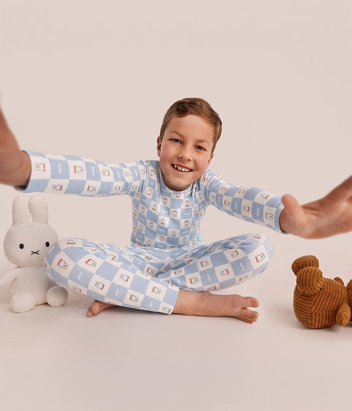 Kids Pyjama Set Long Sleeve Viscose from Bamboo Blue Miffy Checker
