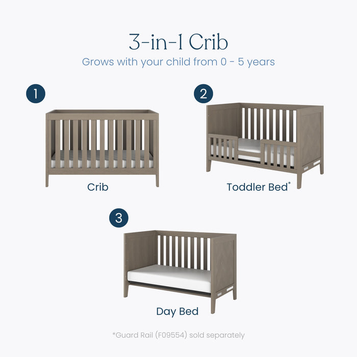 Graphic shows the Child Craft Kieran 3-in-1 Convertible Crib in Crescent Gray as a crib, toddler bed, and day bed. Text: Grows with your child from 0–5 years. Guard rail sold separately.