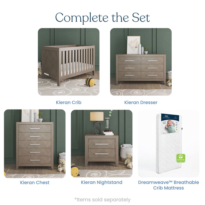 The Child Craft Kieran 3-in-1 Convertible Crib in Crescent Gray features modern herringbone wood design in neutral tones. Dresser, chest, nightstand, and Dreamweave™ breathable crib mattress sold separately.