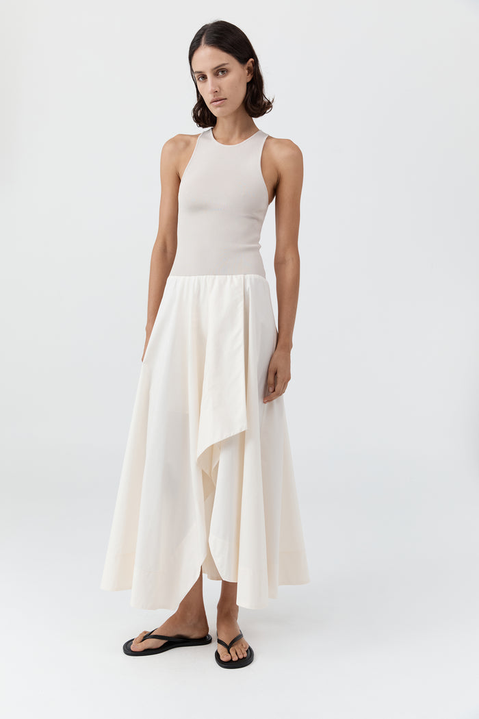 Knit Bodice Asymm Dress - Ecru