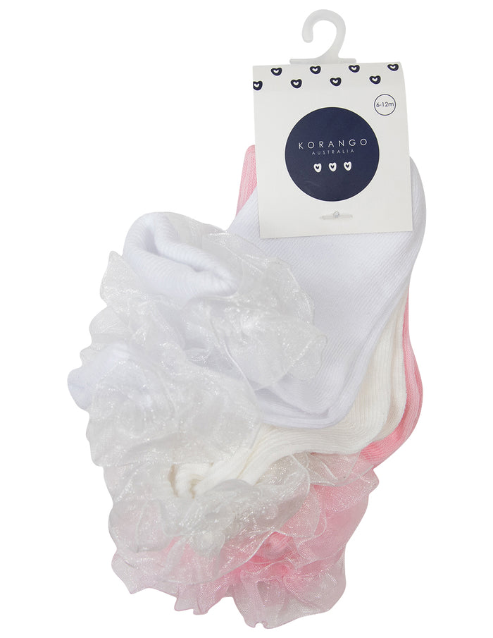 Korango Essentials Frill Socks - White/Ivory/Pink