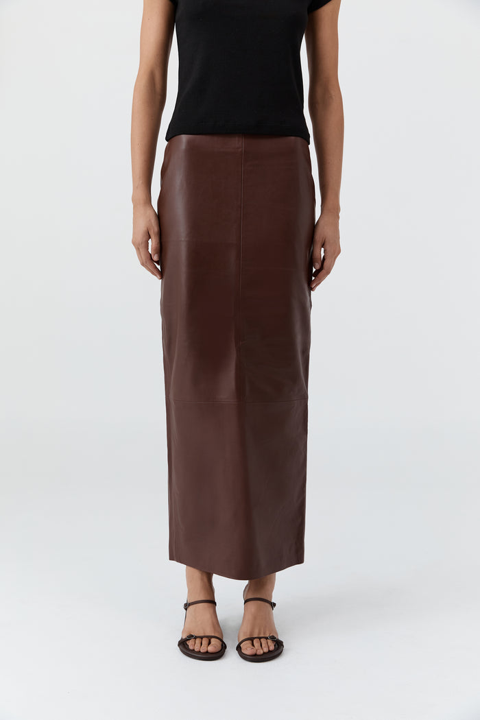 Leather Column Skirt - Rum