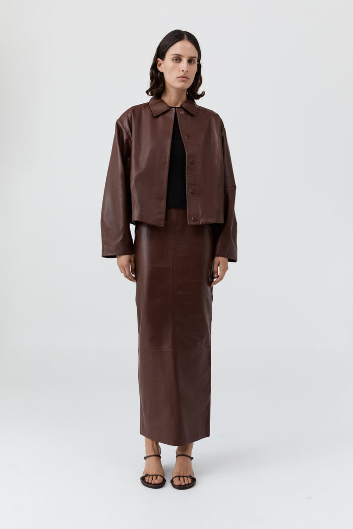 Leather Column Skirt - Rum