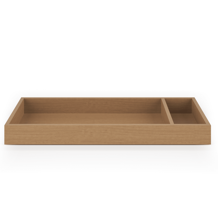 The Child Craft Legacy Changing Table Topper in Biscotti features two compartments—larger on the left, smaller on the right—ideal for organizing your dresser changing kit, shown here on a white background.