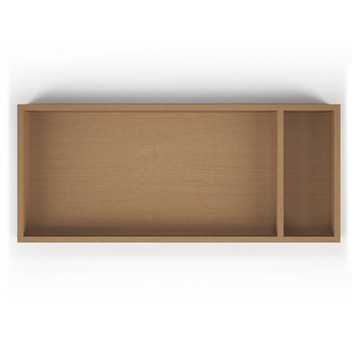 The Child Craft Legacy Changing Table Topper in Biscotti features a rectangular wooden design with two compartments—one large (left) and one small (right)—perfect for use as a dresser changing kit or topper.