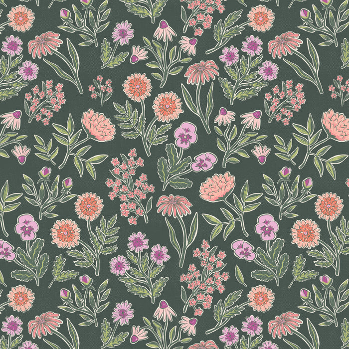 Floral pattern with pink and purple flowers on a dark green background
