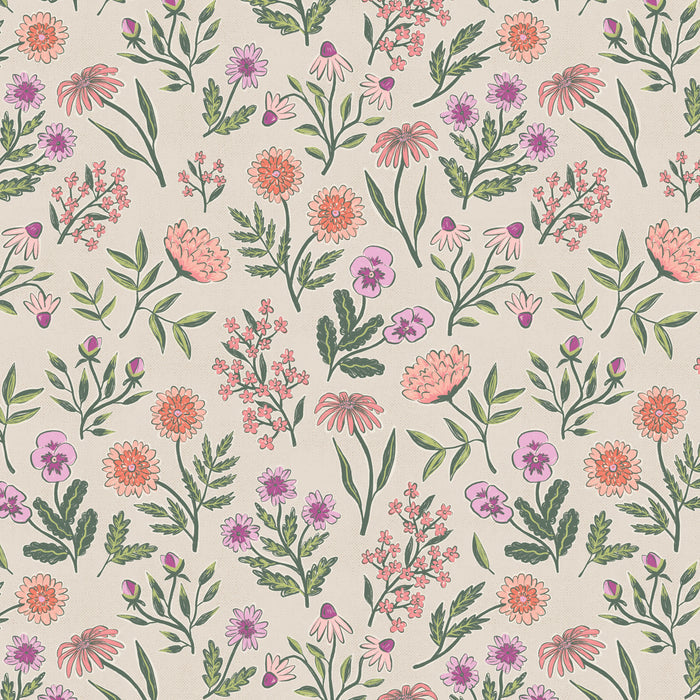 Pattern of small flowers and leaves on a taupe background