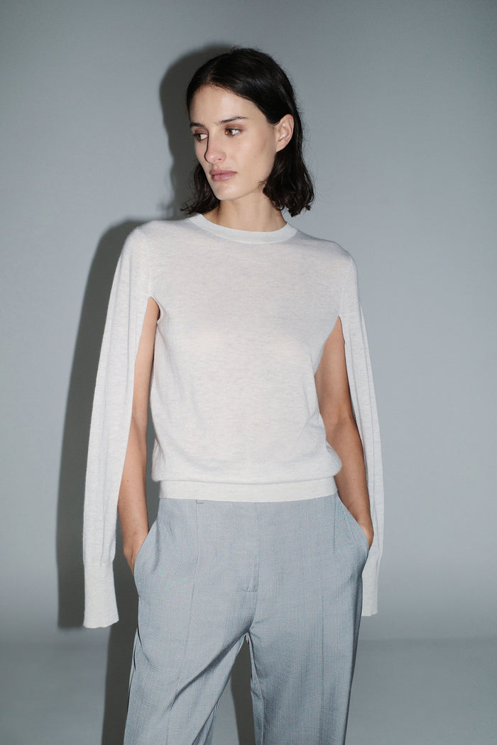 Merino Wool Slit Sleeve Sweater - Light Grey Marle