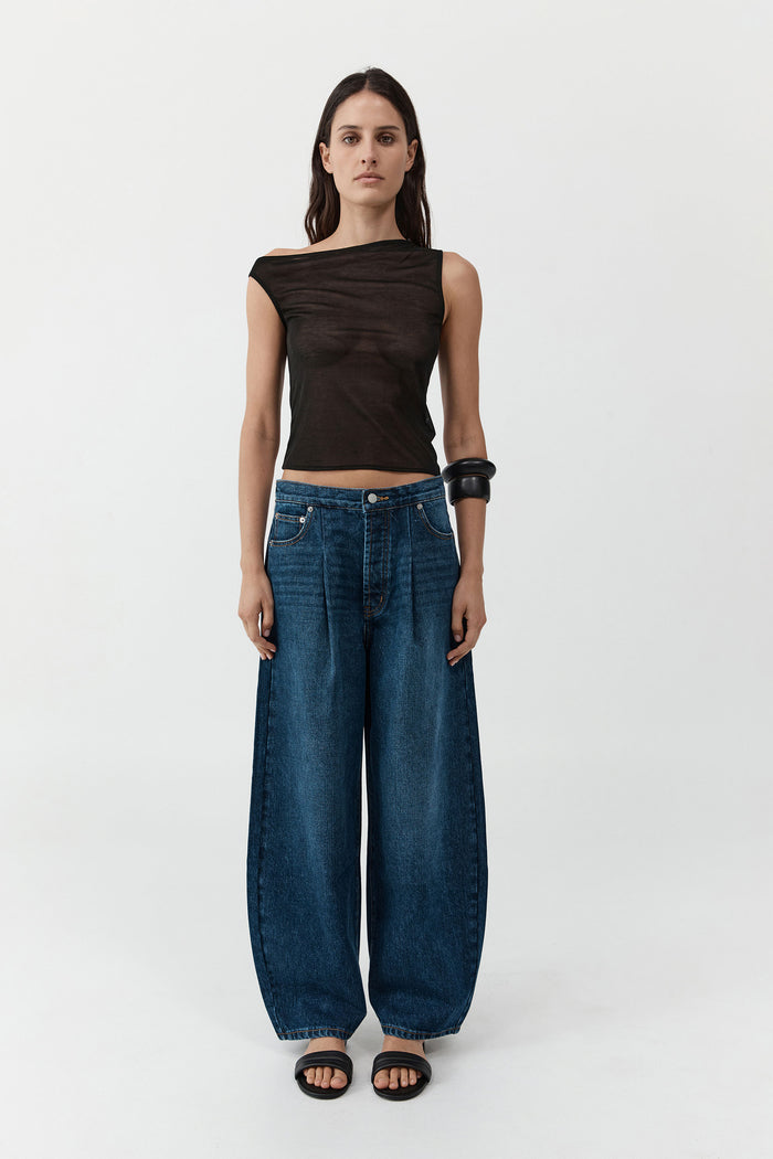 Mid Rise Pleat Barrel Jeans - Dark Indigo