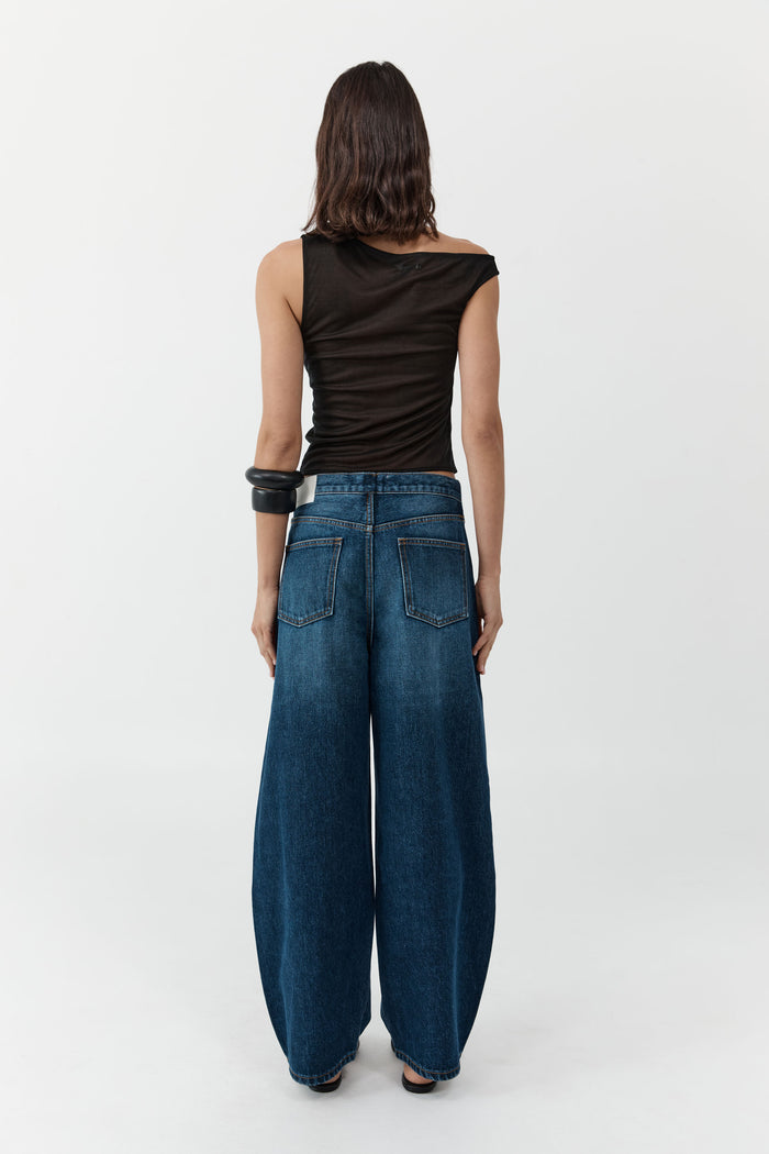 Mid Rise Pleat Barrel Jeans - Dark Indigo