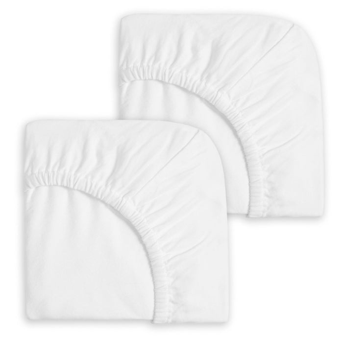 Two folded HALO Mini Crib Sheet 100% Cotton 2-Pack fitted sheets with elastic edges, overlapping on a plain white background—perfect for your nursery or the HALO Breathable Mesh Mini Crib.