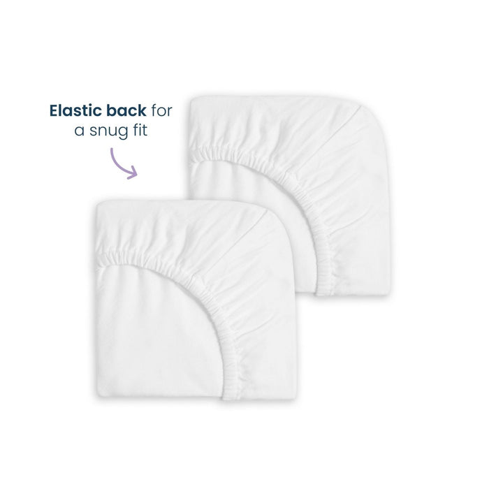 Two white HALO Mini Crib Sheet 100% Cotton 2-Pack sheets are shown with elastic backs and a label highlighting "Elastic back for a snug fit"—designed to securely fit the HALO Breathable Mesh Mini Crib.