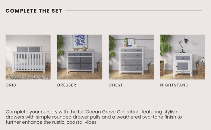 Four pieces of nursery furniture from the Ocean Grove Collection include a white crib, a Child Craft Ocean Grove Double Dresser in white/gray, a tall chest, and a nightstand with a lamp on top.