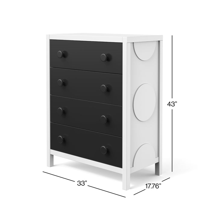 The Child Craft Orbit 4 Drawer Chest in Ebony/Matte White features four black drawers, a white frame with circular side patterns, and measures 43"H x 33"W x 17.76"D.