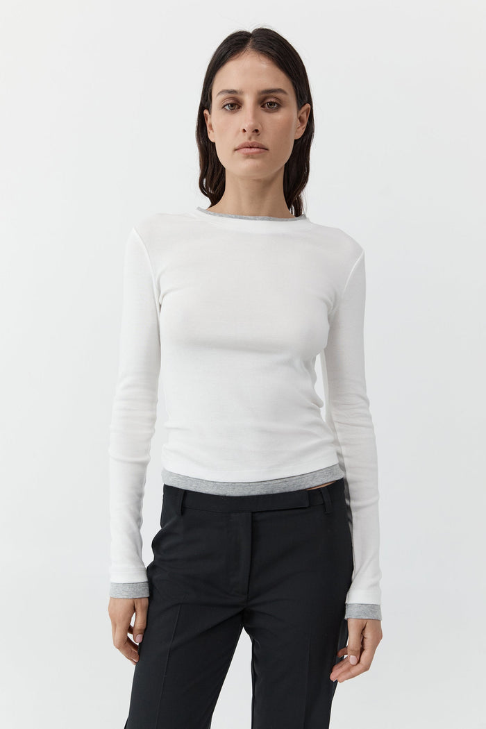 Organic Cotton Layered Long Sleeve Top - White