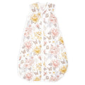 The aden + anais organic cotton light sleep sack TOG 1.0 is a sleeveless baby sleep sack made from 100% organic cotton muslin. It features a zipper and adorns a charming floral pattern with pink, yellow, and beige flowers plus tiny butterflies on white, perfect for those seeking organic options.