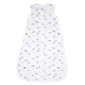 The aden + anais organic cotton light sleep sack TOG 1.0 is a sleeveless, GOTS-certified white muslin sleep sack with a front zipper, decorated with small, colorful animal prints of lions, zebras, and giraffes.