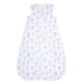 The aden + anais organic cotton light sleep sack TOG 1.0 is a sleeveless, GOTS certified sleeping bag featuring a front zipper and made from 100% organic cotton muslin, adorned with pastel hot air balloon patterns on a white background for dreamy nights.
