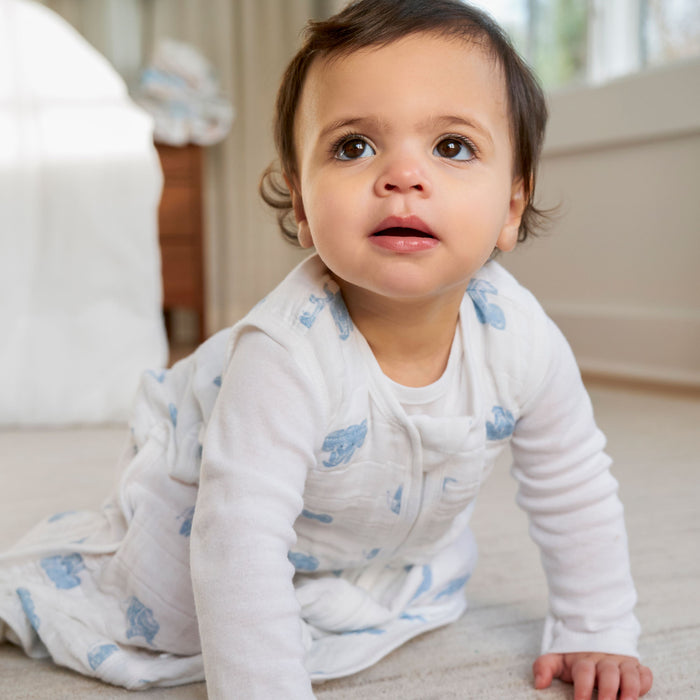 A toddler with short dark hair is crawling on a beige carpet in an aden + anais organic cotton light sleep sack TOG 1.0. Theyre dressed in a white onesie with blue patterns. The softly lit background features a window and furniture, creating a serene setting.