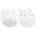 Two aden + anais organic cotton muslin burpy bibs are laid out side by side. The left bib has small gray dots, while the right one shows gray animal shapes, including elephants and giraffes. Both have a curved edge with white trim and are GOTS certified for quality.