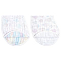 The aden + anais organic cotton muslin burpy bibs 2 pack includes two GOTS certified quilted white cloths featuring pastel hot air balloons and soft rainbow stripes. These curved designs with an overlapping flap offer ultimate comfort and style for babies.