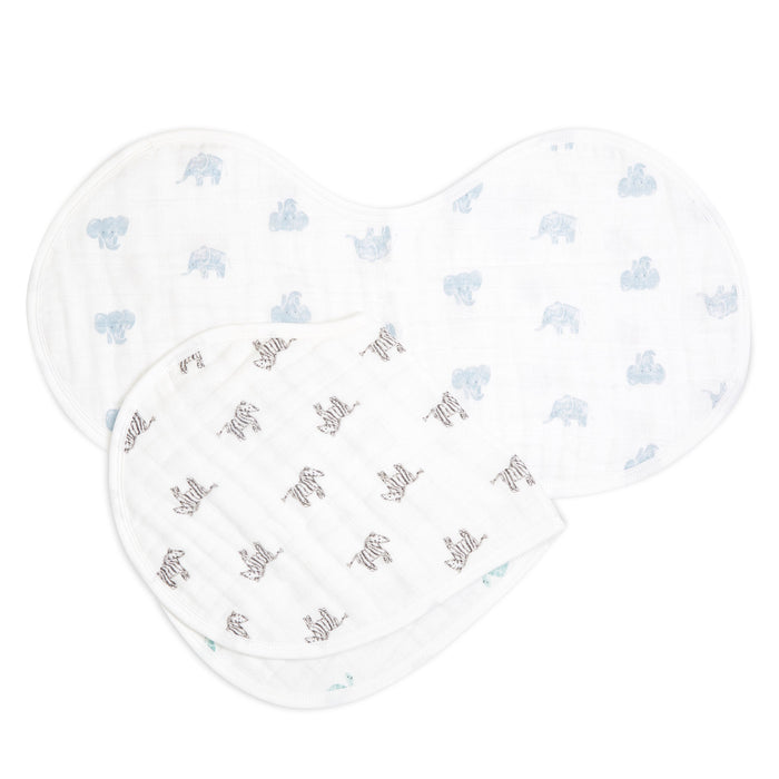 The aden + anais organic cotton muslin burpy bibs 2 pack includes two white cloths with soft, rounded edges. One features a blue elephant pattern, and the other has a gray animal walking design. Both are made from lightweight, breathable material for your babys comfort.