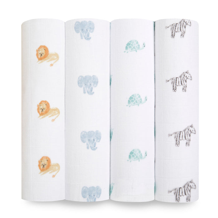 The aden + anais organic cotton muslin swaddle blanket 4 pack is GOTS certified, offering peace of mind. Each sustainable blanket features charming animal prints—lions, elephants, turtles, and zebras—with simple, repeating patterns that capture each creatures essence.