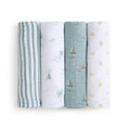 The aden + anais organic cotton muslin swaddle blanket 4 pack features designs arranged vertically: green and white stripes, sailboats on white, teal with sailboats, and yellow suns on white.